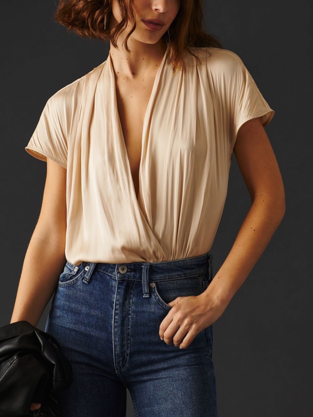 Paige Dijon Bodysuit Champagne Satin Drape Neck Short Sleeve Size Large ECRU